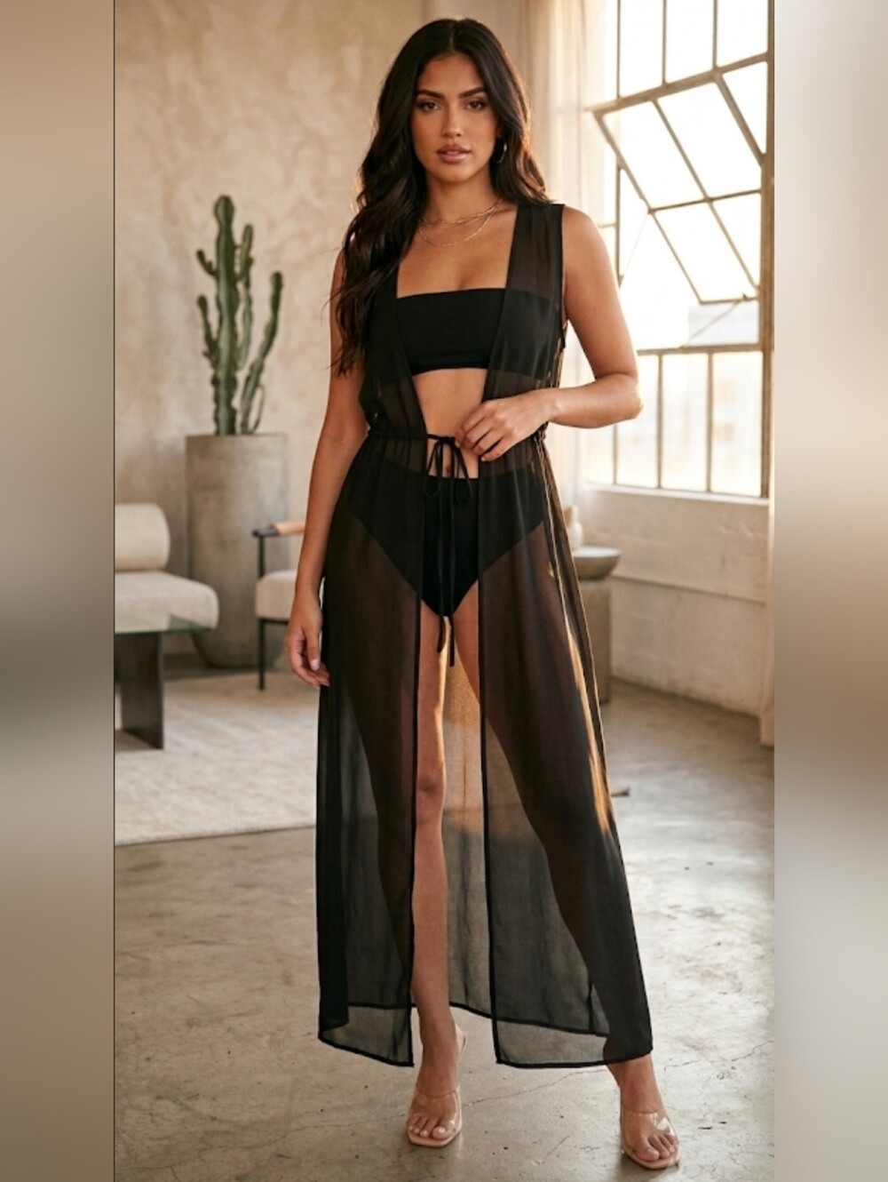Leith Black Sheer Chiffon Cover-Up Maxi Vest Dress Drawstring Waist XS/S